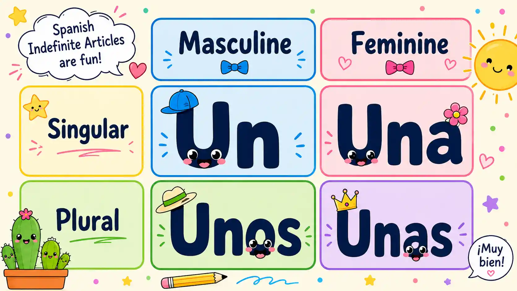 Spanish indefinite articles un una unos unas with gender and plural examples