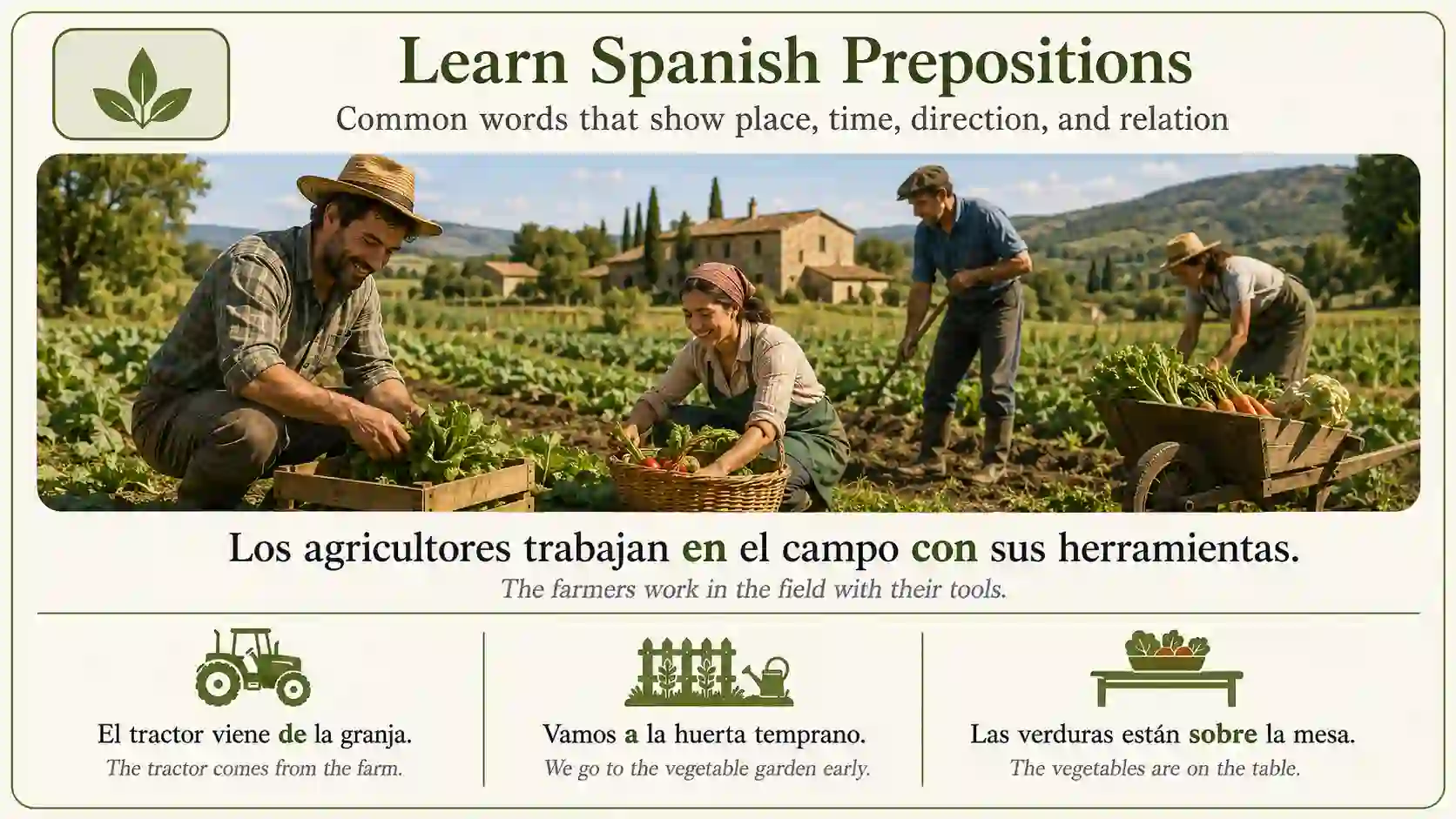 Learn Spanish prepositions with MundoDele including a de en con por para and examples