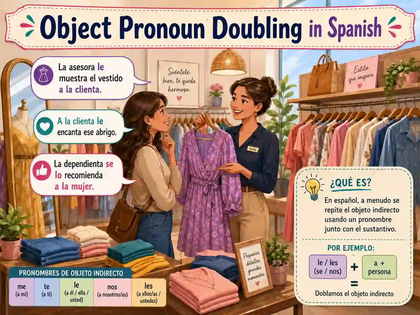 Object pronoun doubling in Spanish with le lo la a Juan lo vi a Maria le di el libro and a mi me gusta