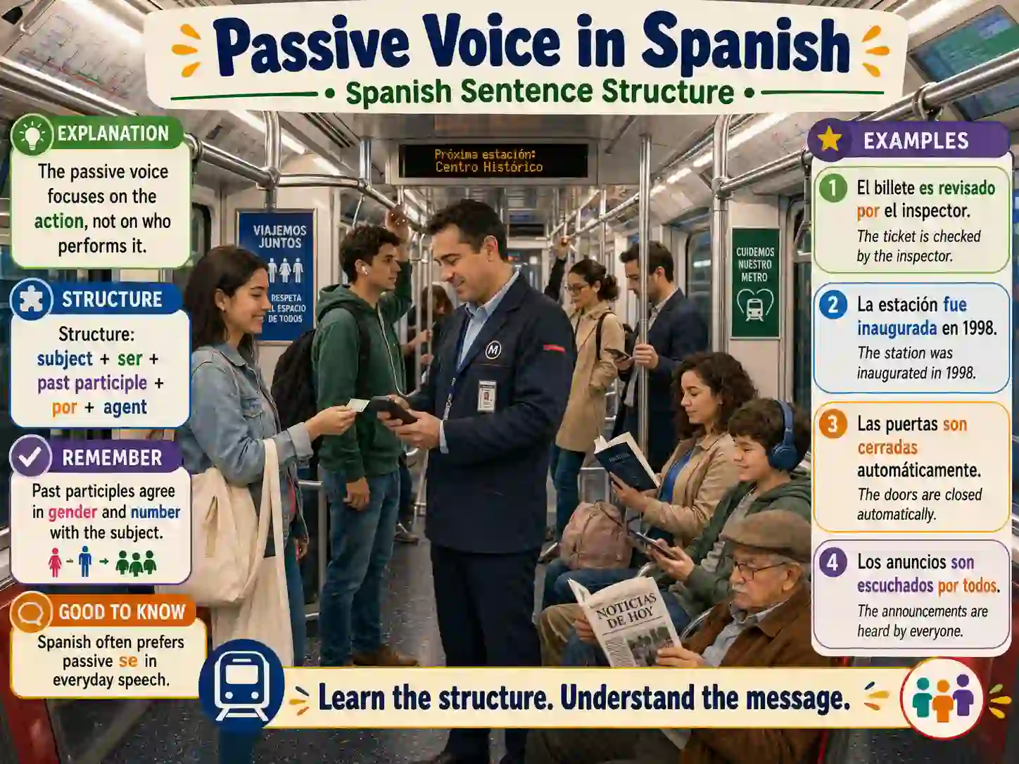 Passive voice in Spanish with ser past participle passive se estar and por