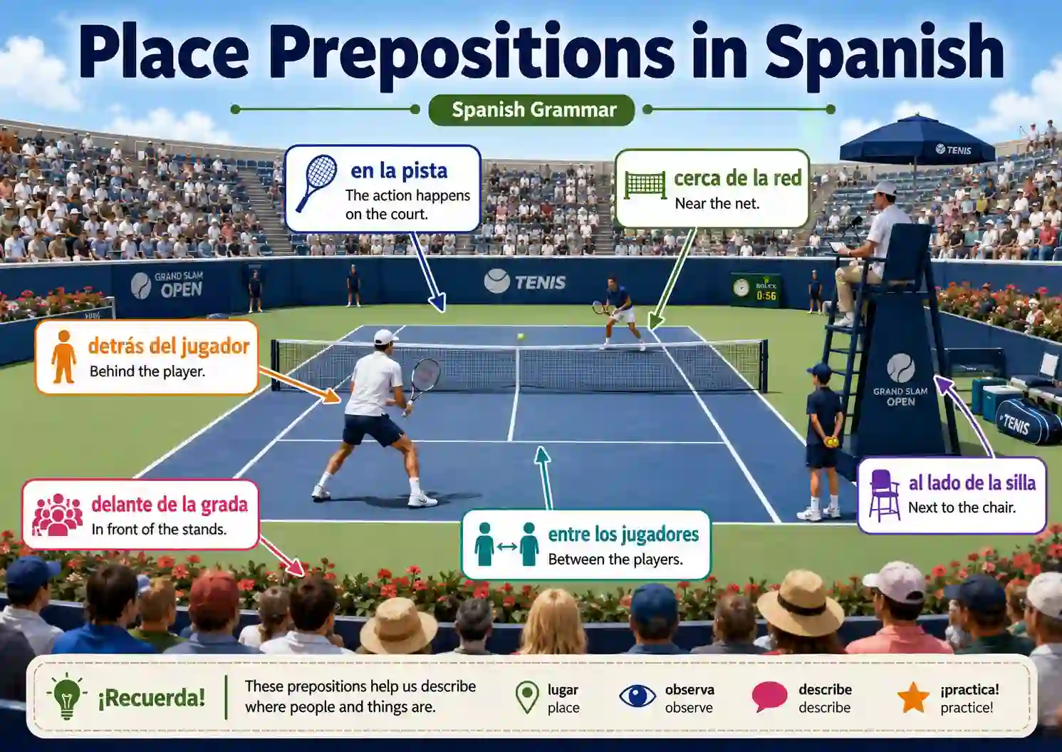 Spanish prepositions of place with en a de sobre debajo de delante de detras de cerca de and examples