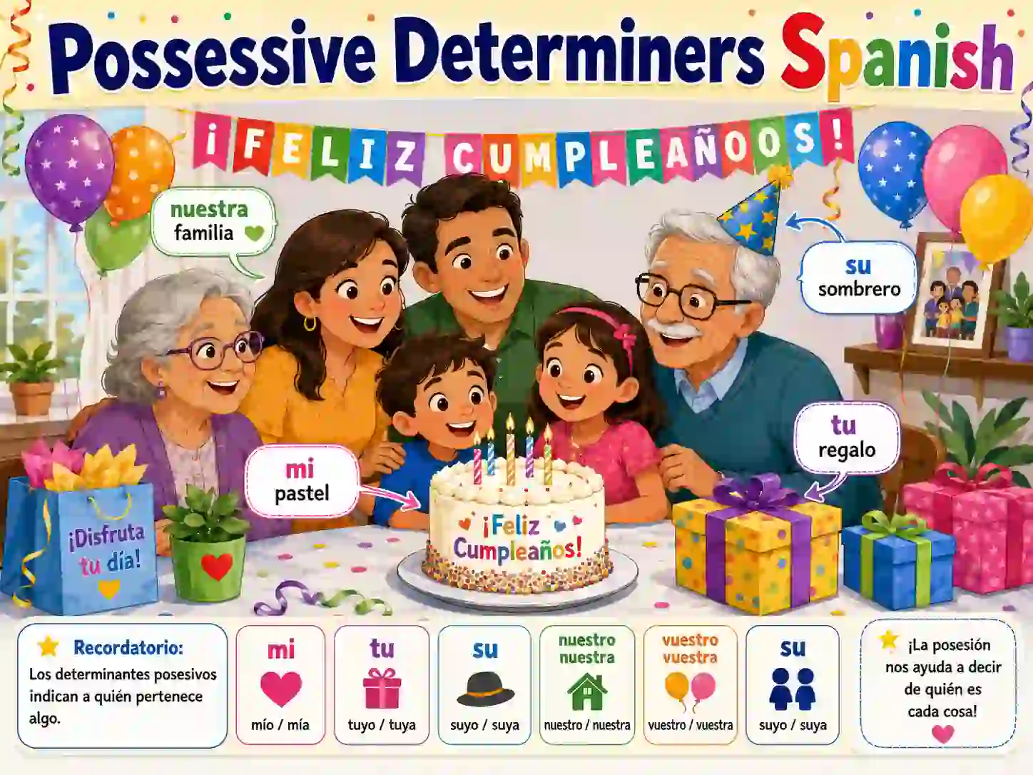 Spanish possessive determiners with mi tu su nuestro vuestro and sus