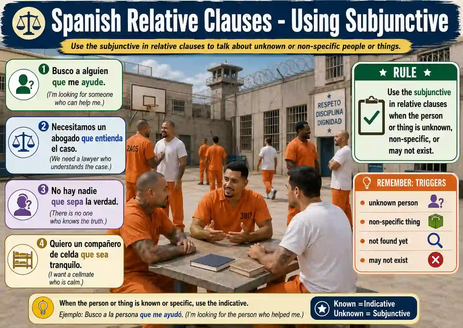 Relative clauses in Spanish using the subjunctive with busco alguien que hable and no hay nadie que pueda ayudar