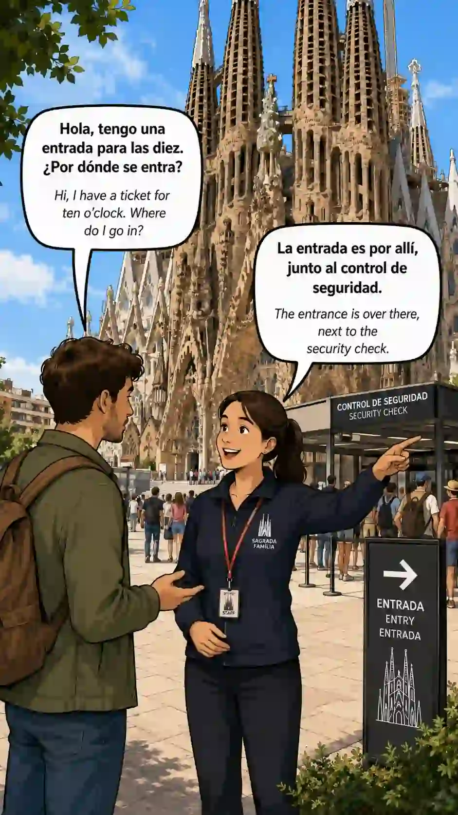 Spanish mini conversation at the entrance of the Sagrada Família