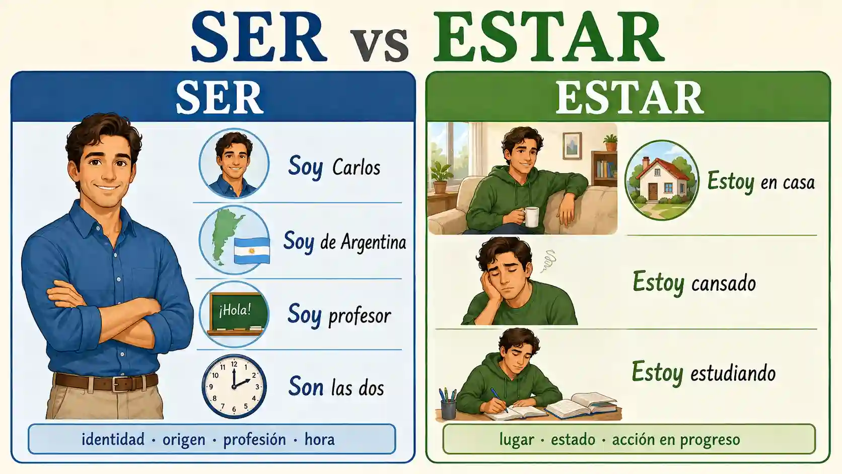 Ser and estar as Spanish verbs with identity location and state examples