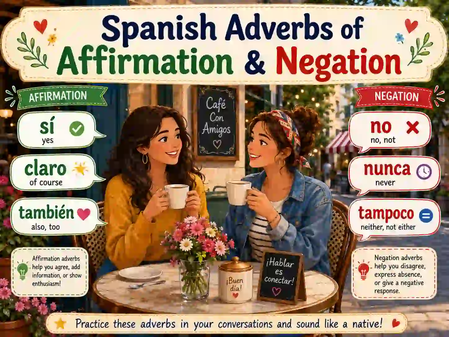 Spanish adverbs of affirmation and negation with si tambien claro ciertamente no nunca jamas tampoco and ya no
