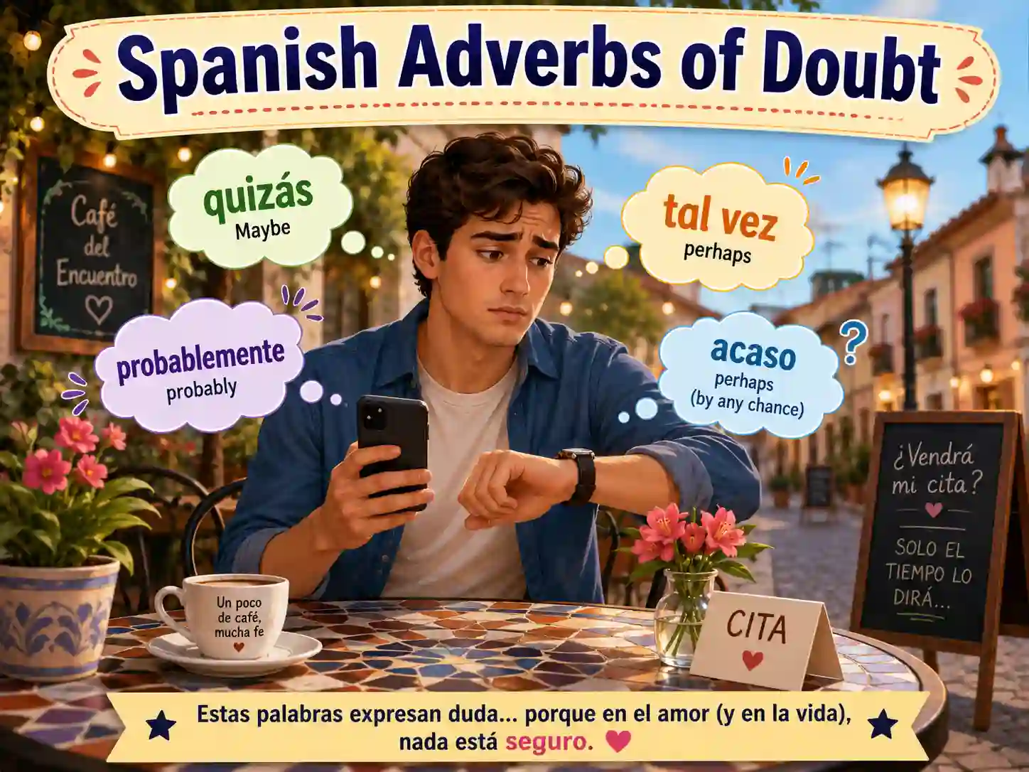Spanish adverbs of doubt with quiza quizas tal vez probablemente posiblemente acaso and a lo mejor
