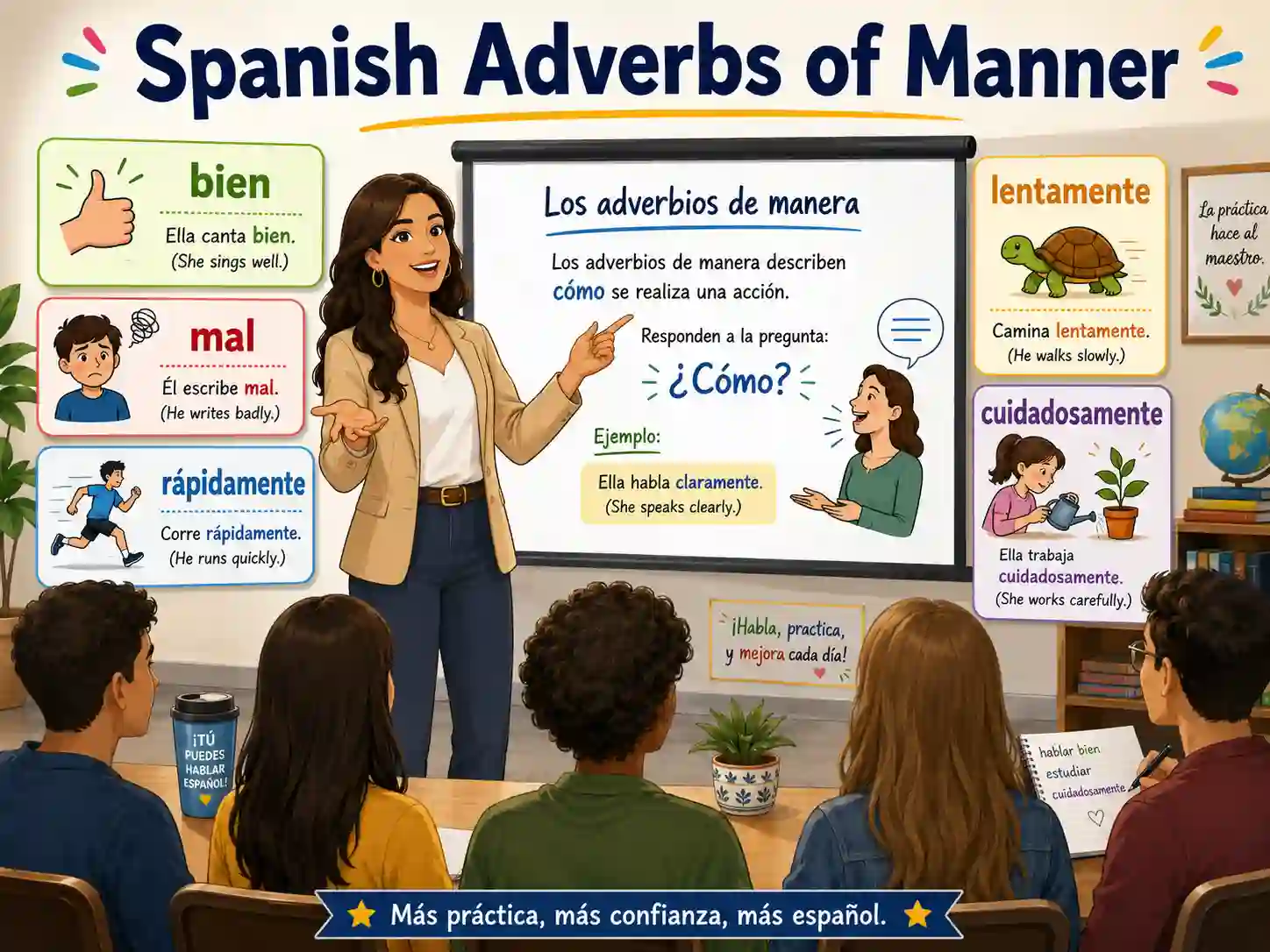 Spanish adverbs of manner with bien mal asi despacio rapido lentamente claramente and cuidadosamente