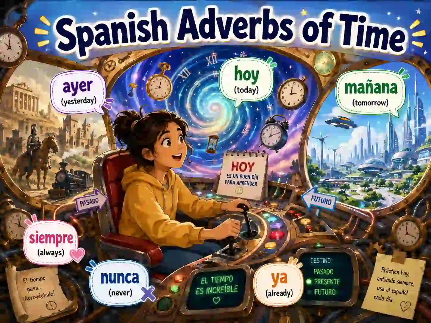 Spanish adverbs of time with hoy ayer manana ahora antes despues ya todavia pronto tarde and temprano