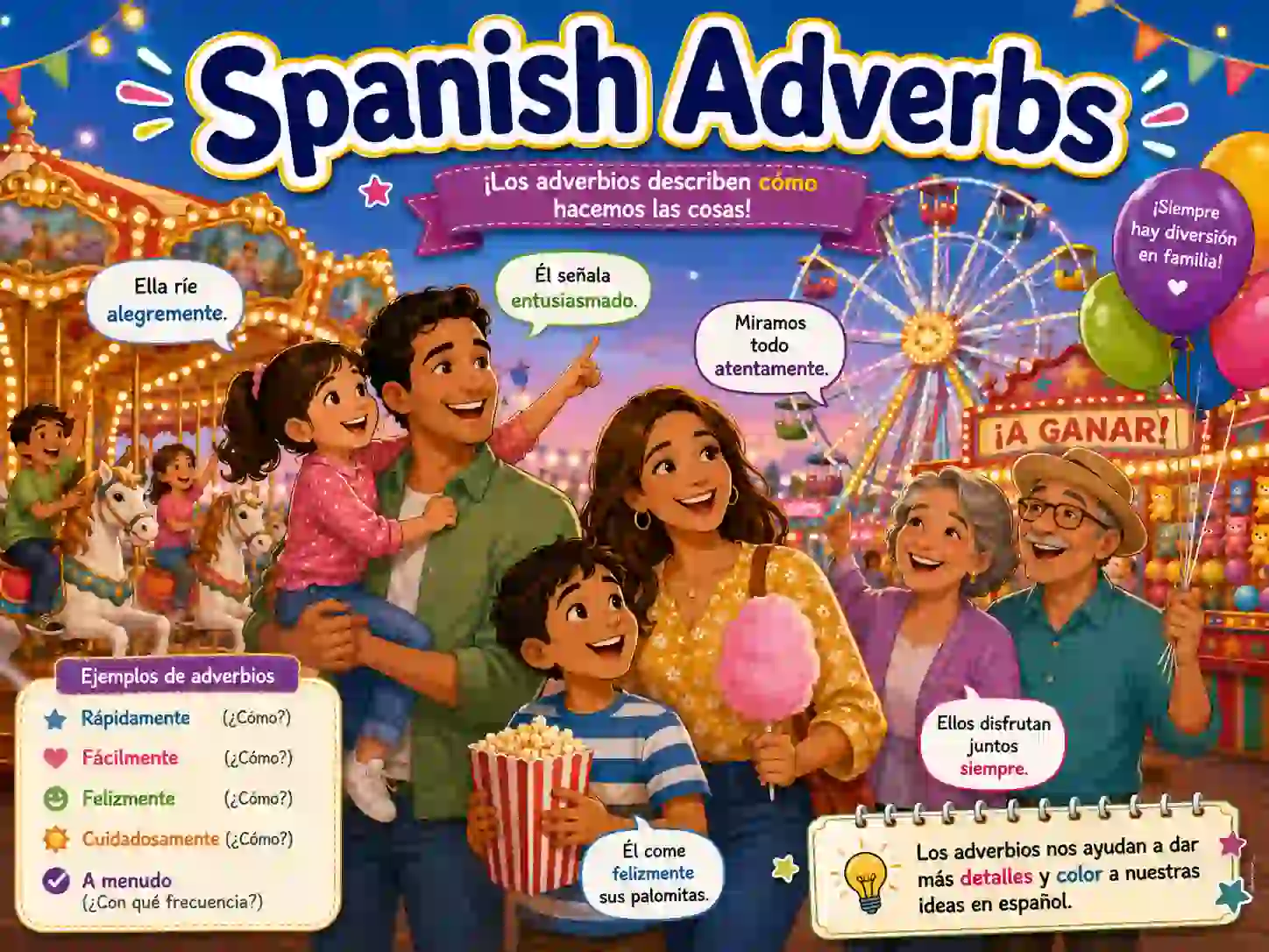 Spanish adverbs overview with time place manner quantity doubt affirmation negation mente position and comparison