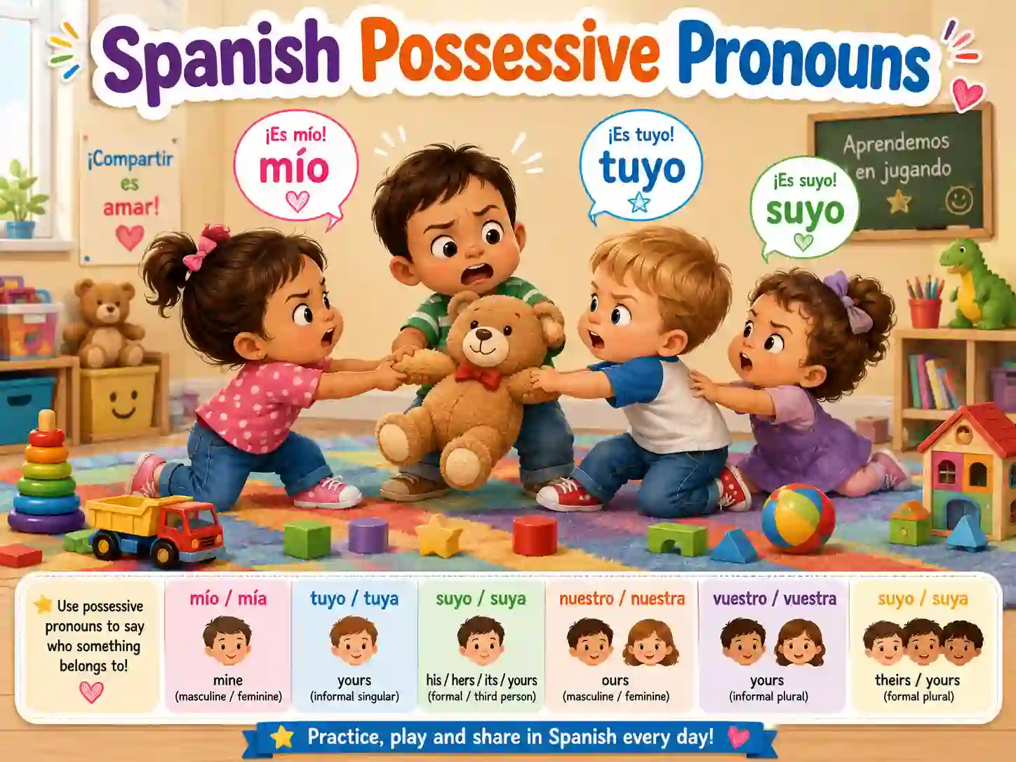 Spanish possessive pronouns with mio mia tuyo tuya suyo suya nuestro nuestra vuestro and vuestra