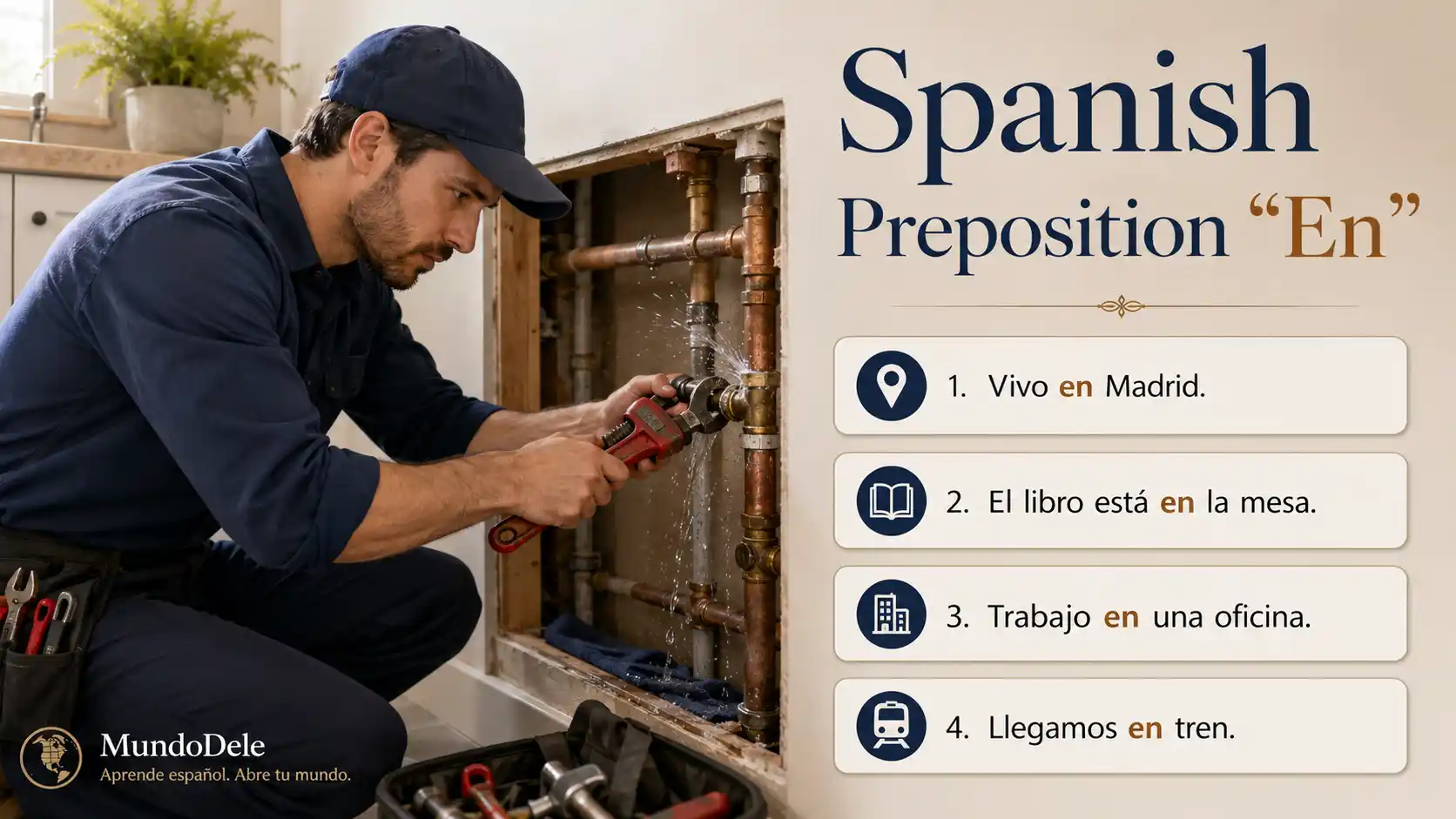 Spanish preposition en with location time transport state and examples
