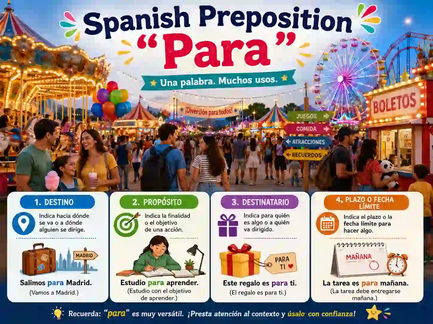 Spanish preposition para with purpose destination recipient deadline opinion and examples