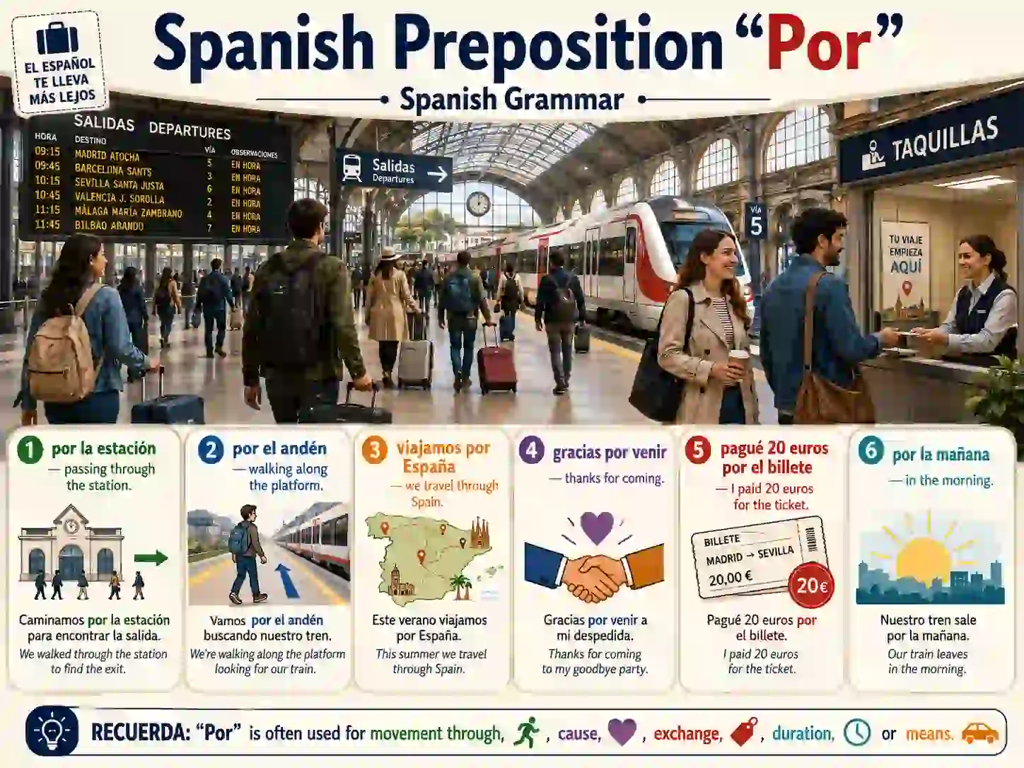 Spanish prepositions with por including cause route exchange duration means passive agent and examples
