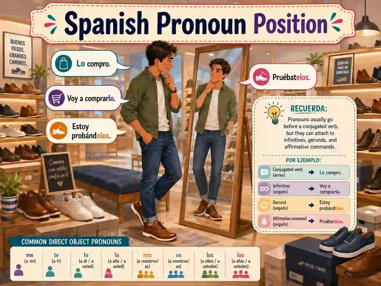 Spanish pronoun position with me te lo la le se nos before verbs and attached to infinitives gerunds and commands
