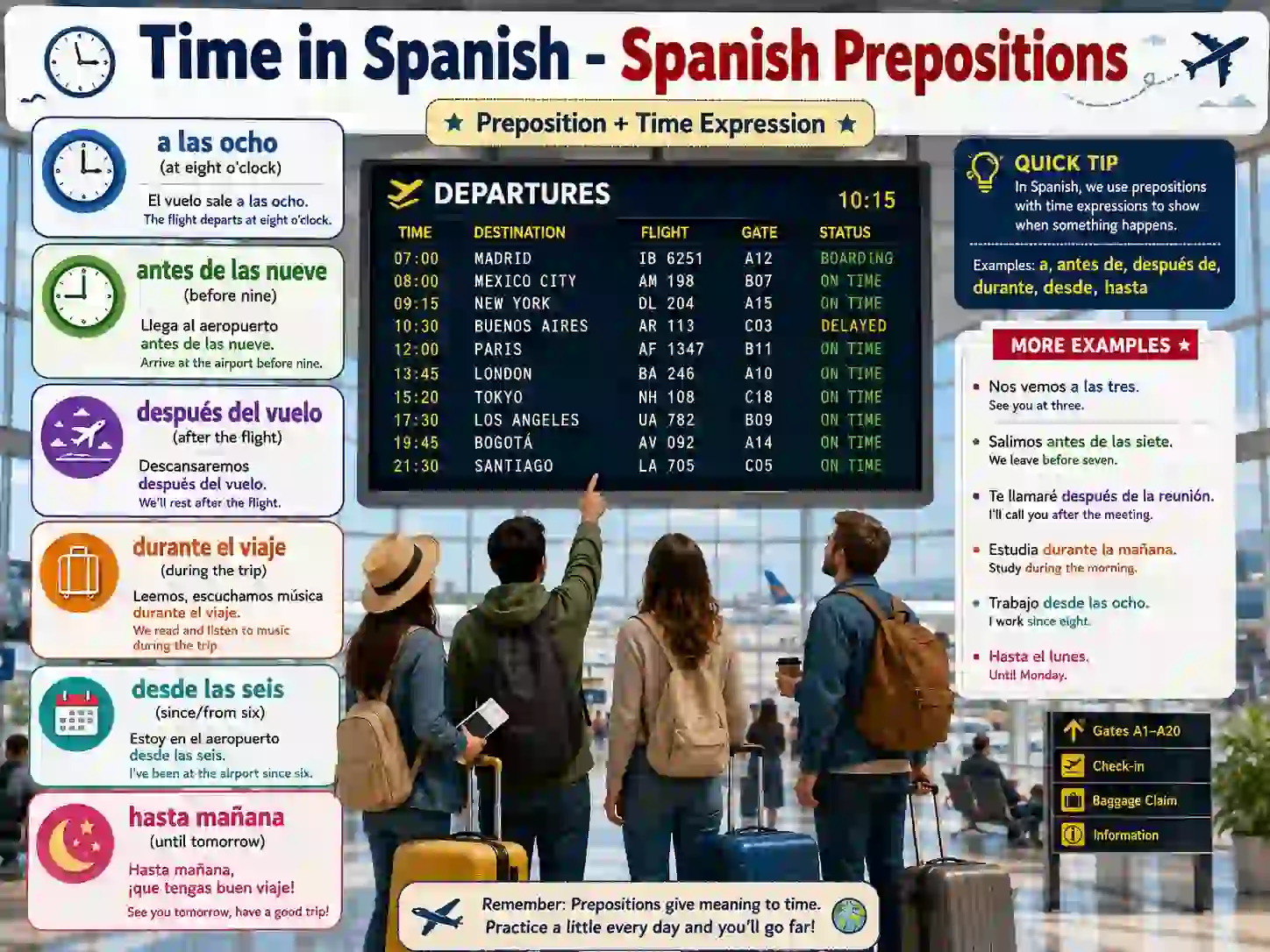 Spanish prepositions of time with a en por de desde hasta durante antes de despues de and examples