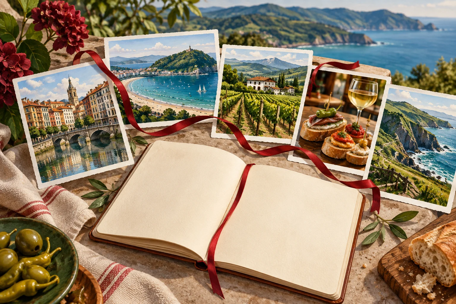 Editorial illustration of five Basque travel scenes linked beside a blank travel notebook