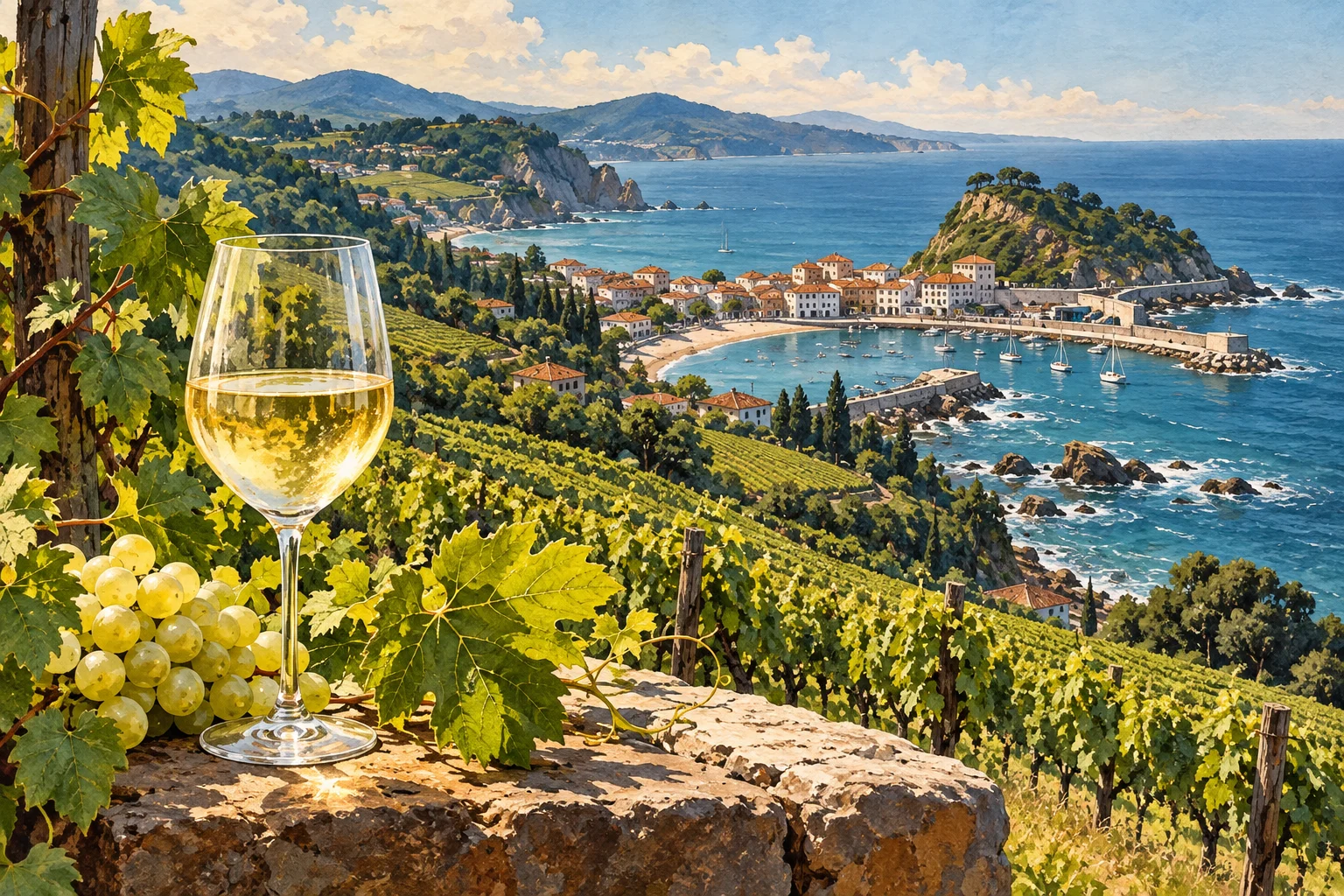 Editorial illustration of coastal vineyards near Getaria and a glass of txakoli wine