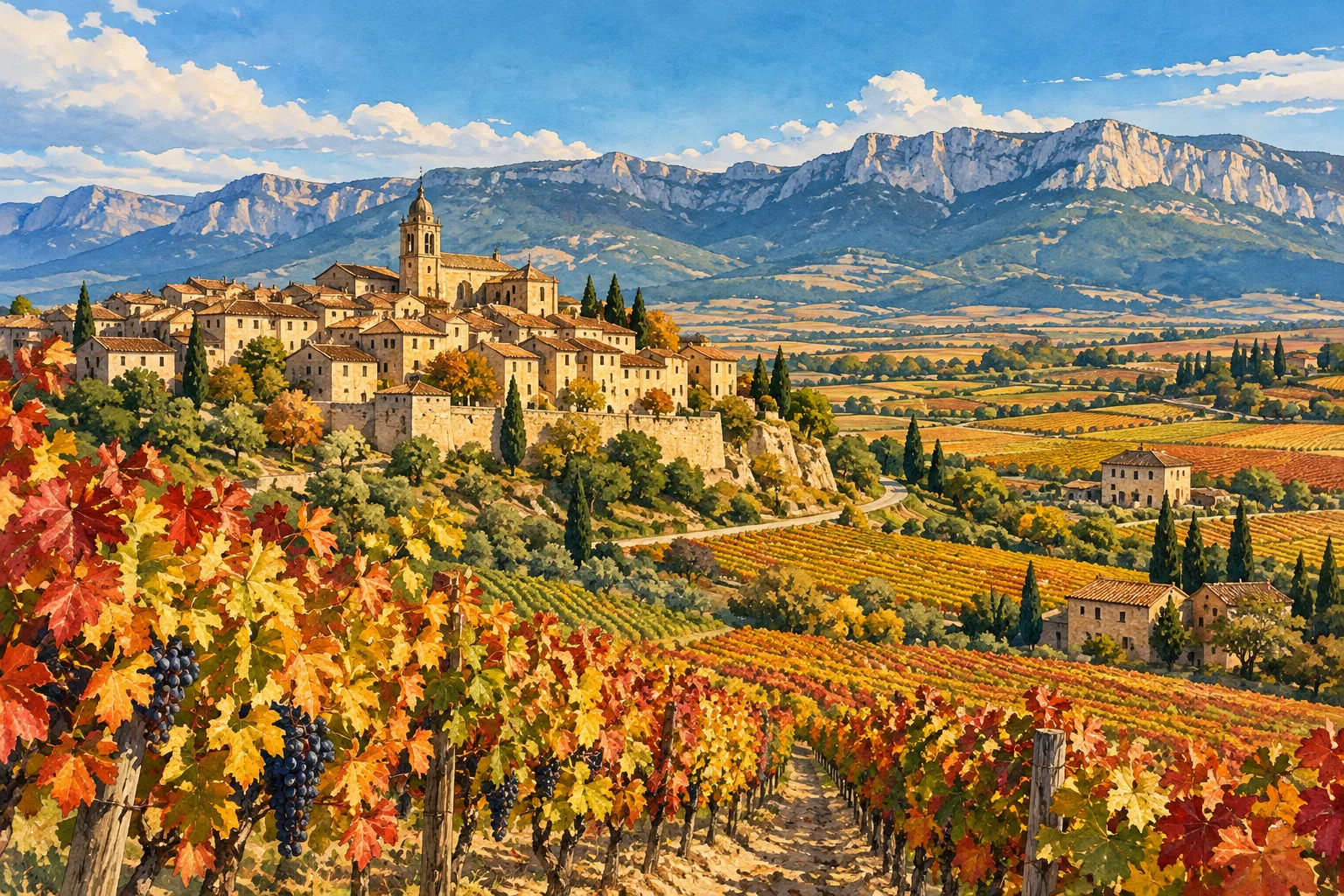 Editorial illustration of Rioja Alavesa vineyards and a hilltop village inspired by Laguardia