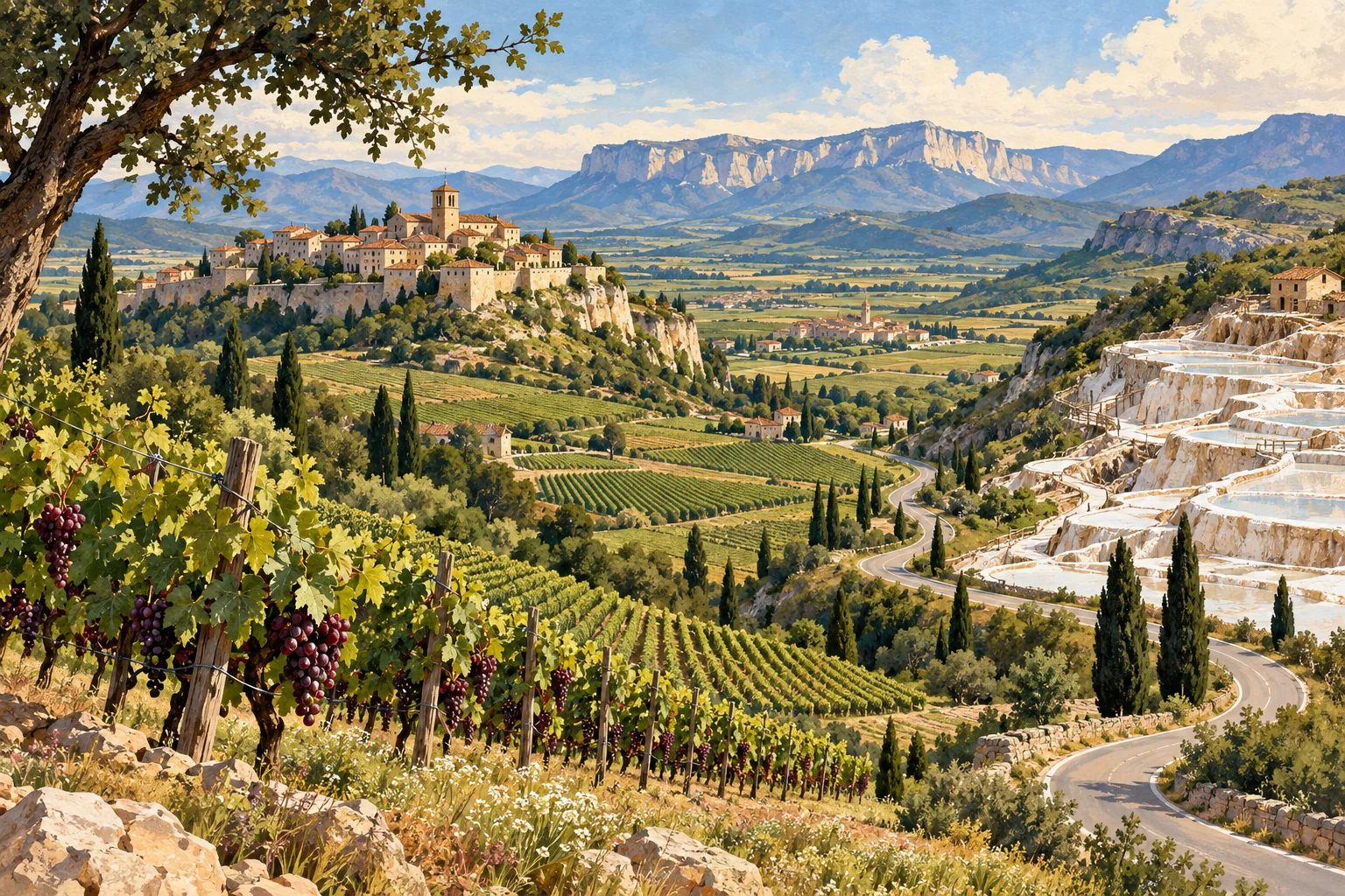 Travel landscape illustration inspired by Álava vineyards, a hilltop village and Añana salt terraces