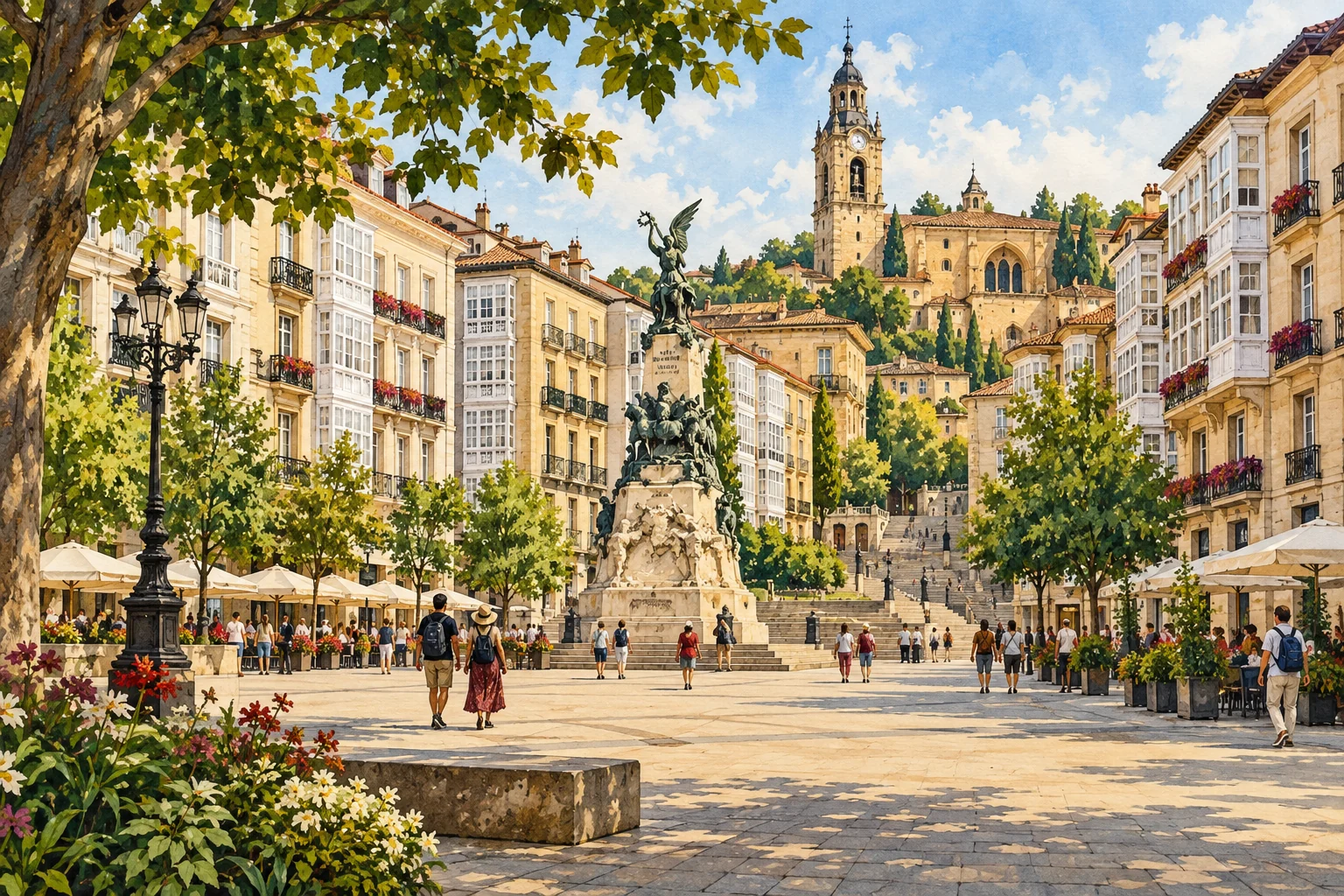 Travel illustration inspired by Plaza de la Virgen Blanca in Vitoria-Gasteiz