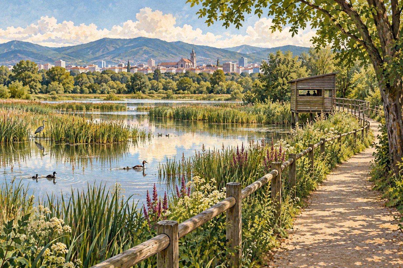 Travel illustration of reeds, waterbirds and a walking path inspired by Salburua wetlands