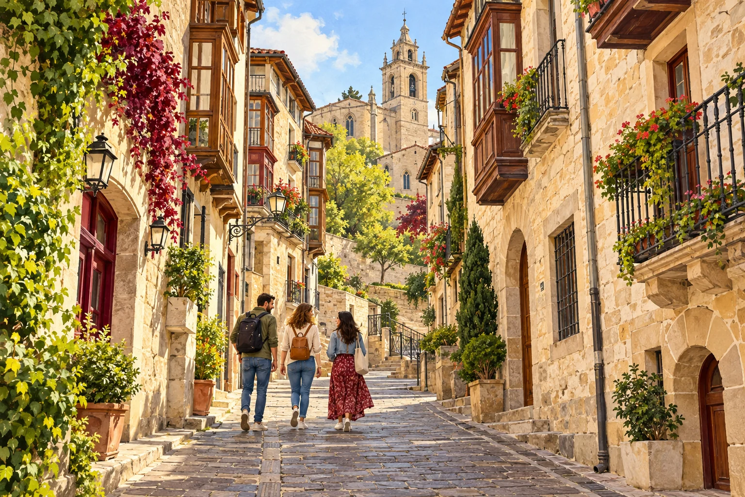 Travel illustration of a stone street and historic balconies inspired by Vitoria old town