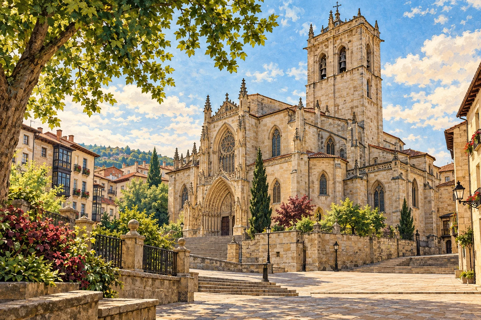 Architectural travel illustration inspired by Santa María Cathedral in Vitoria-Gasteiz