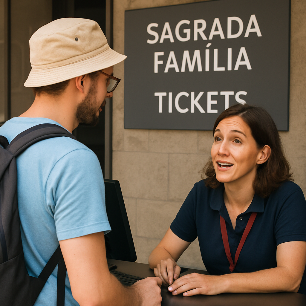 Basilika Sagrada Familia 1 Dialog an der Kasse für die Sagrada Familia