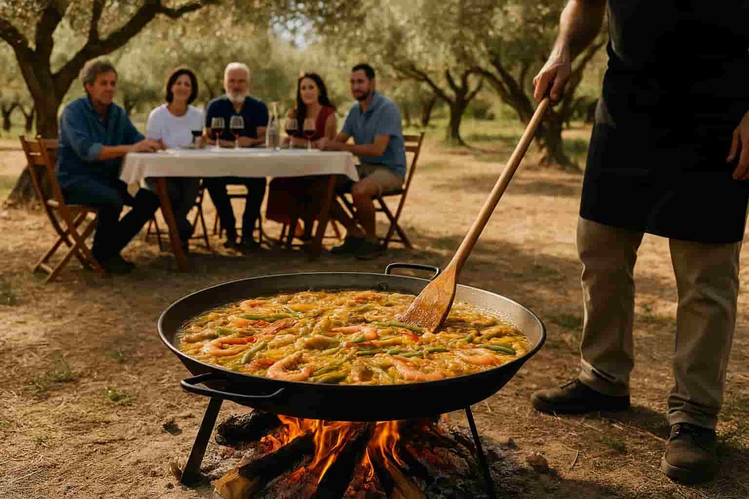 Draußen kochen, gemeinsam genießen: Paella-Zubereitung auf spanische Art Traditionelle Paella-Zubereitung im Freien mit Gästen unter Olivenbäumen