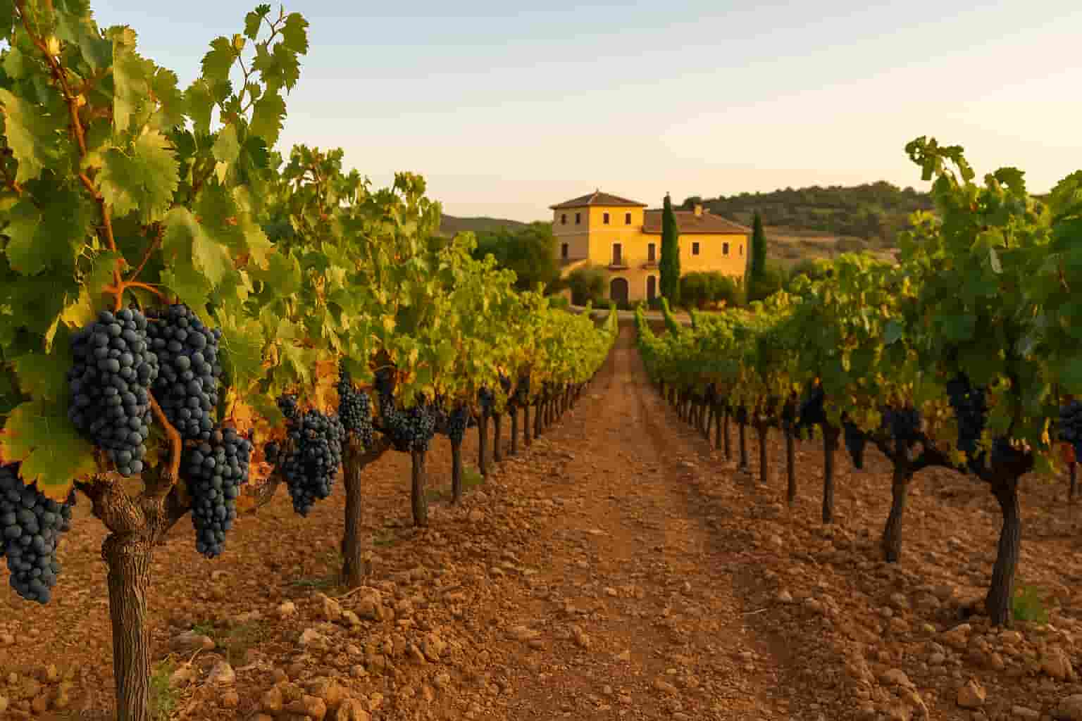 Spanische Weine 2 Weinreben in einer spanischen Weinregion mit Finca im Hintergrund