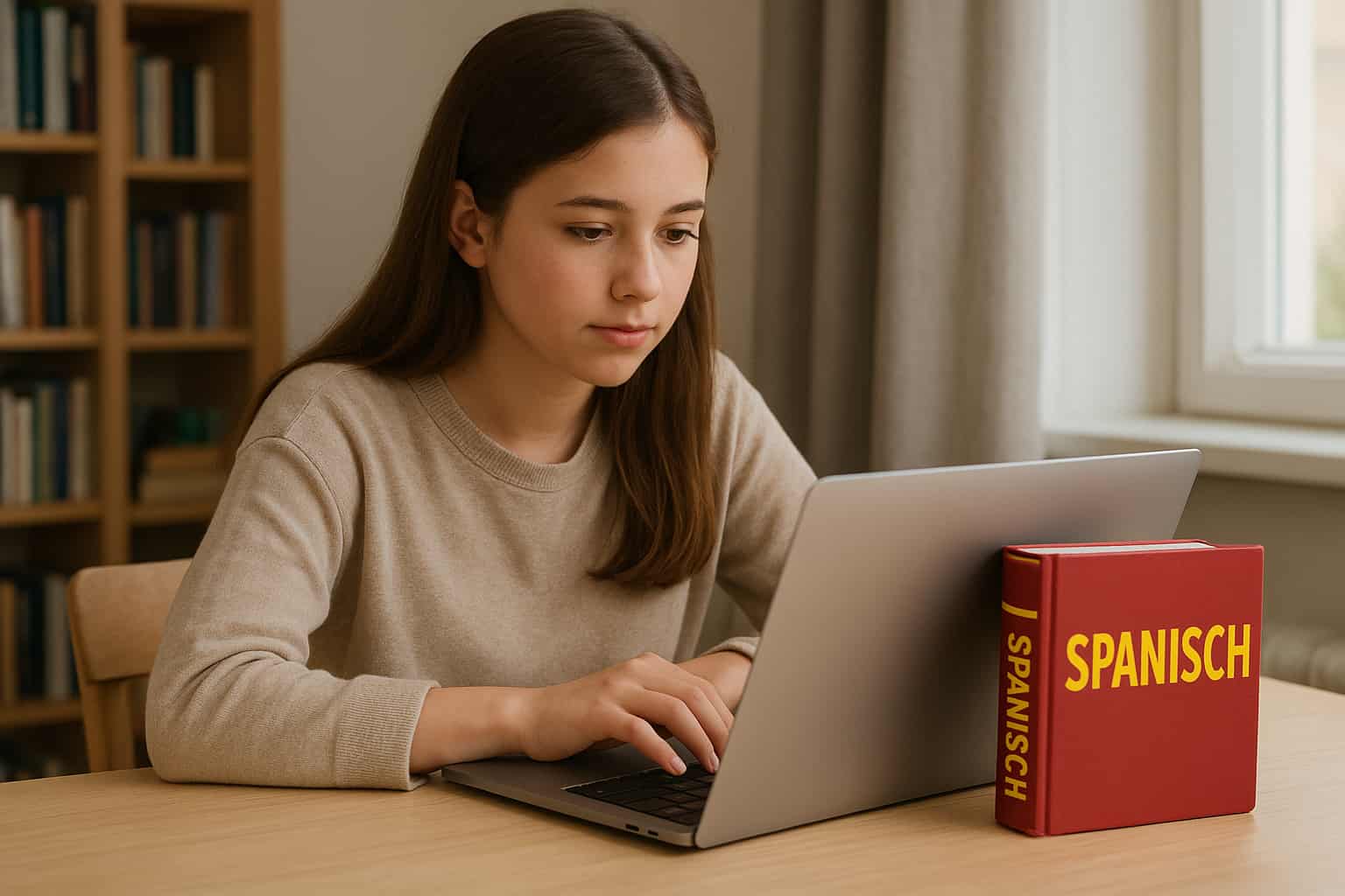 Spanisch Hausaufgaben 1 Schülerin arbeitet an Spanisch-Hausaufgaben mit Vokabelheft und Laptop
