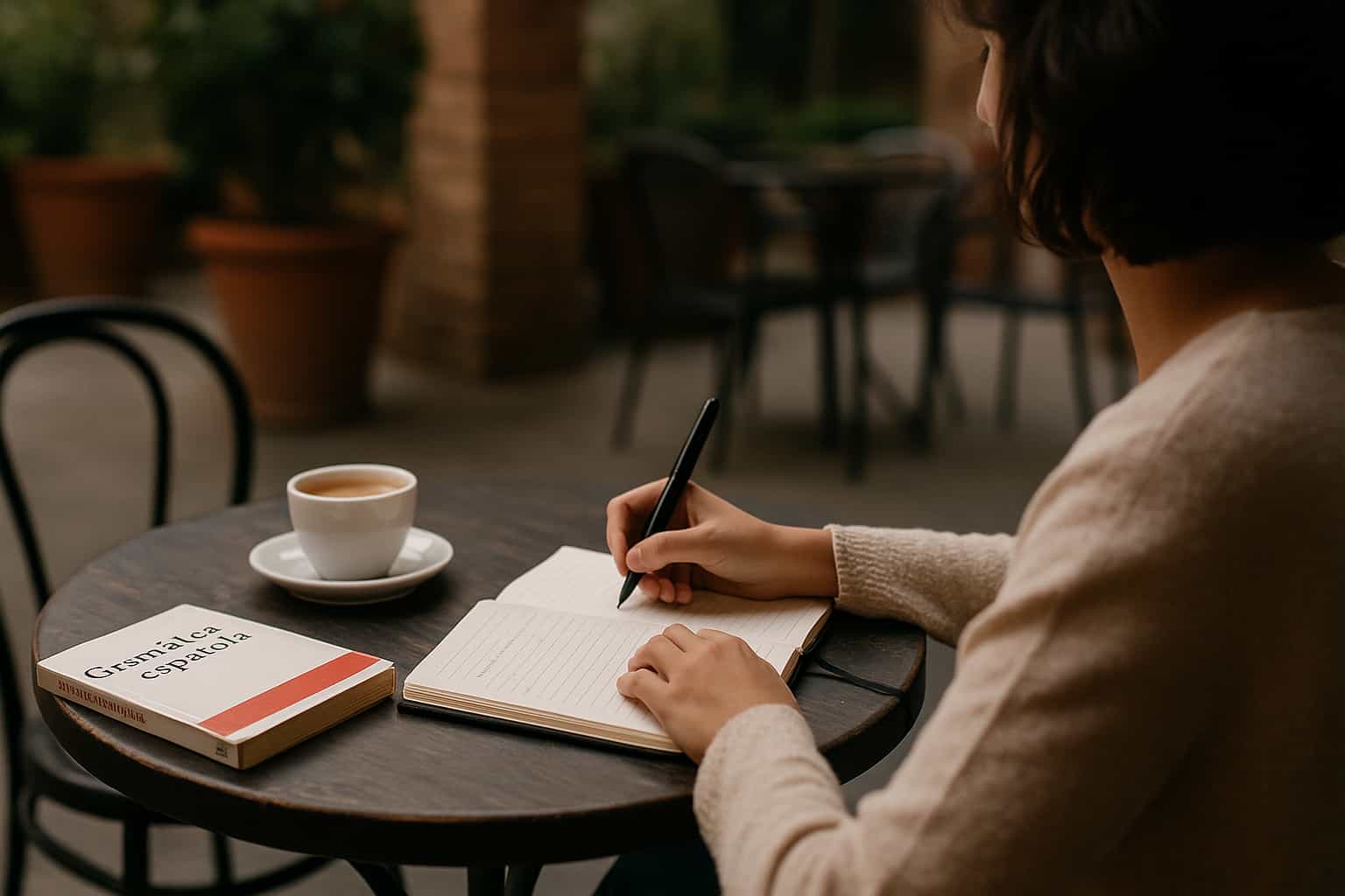 Lernmethoden 1 Jemand lernt Spanisch mit Notizbuch in einem ruhigen Café