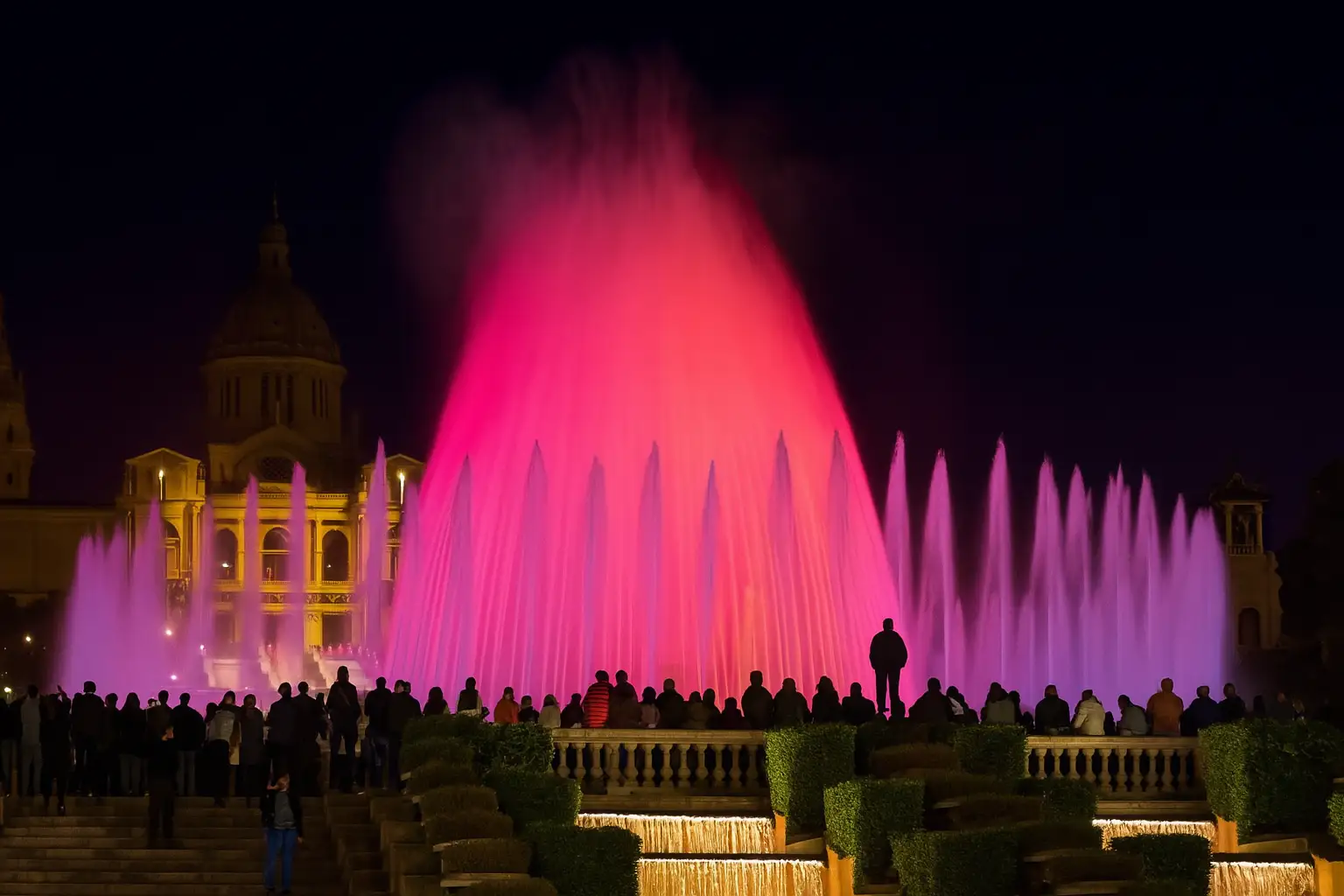Font Màgica de Montjuïc – Magischer Brunnen in Barcelona Font Màgica de Montjuïc in Barcelona bei Nacht mit Lichtshow