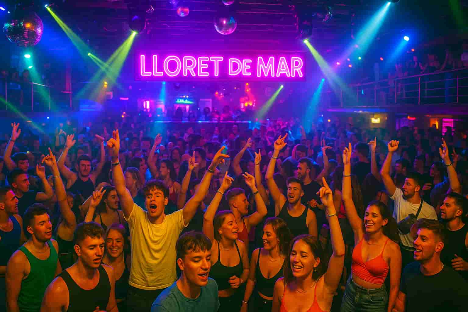 Junge Menschen feiern in den Clubs von Lloret de Mar bei Nacht – Costa Brava Nachtleben
