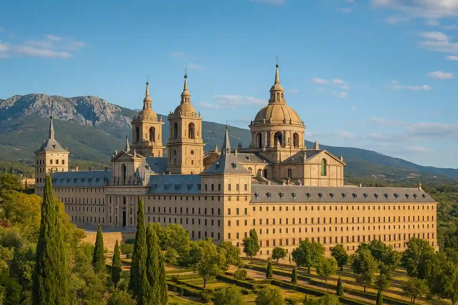El Escorial entdecken – Königskloster vor der Bergkulisse Escorial Tagesausflug ab Madrid – Königskloster mit Kuppel und Türmen