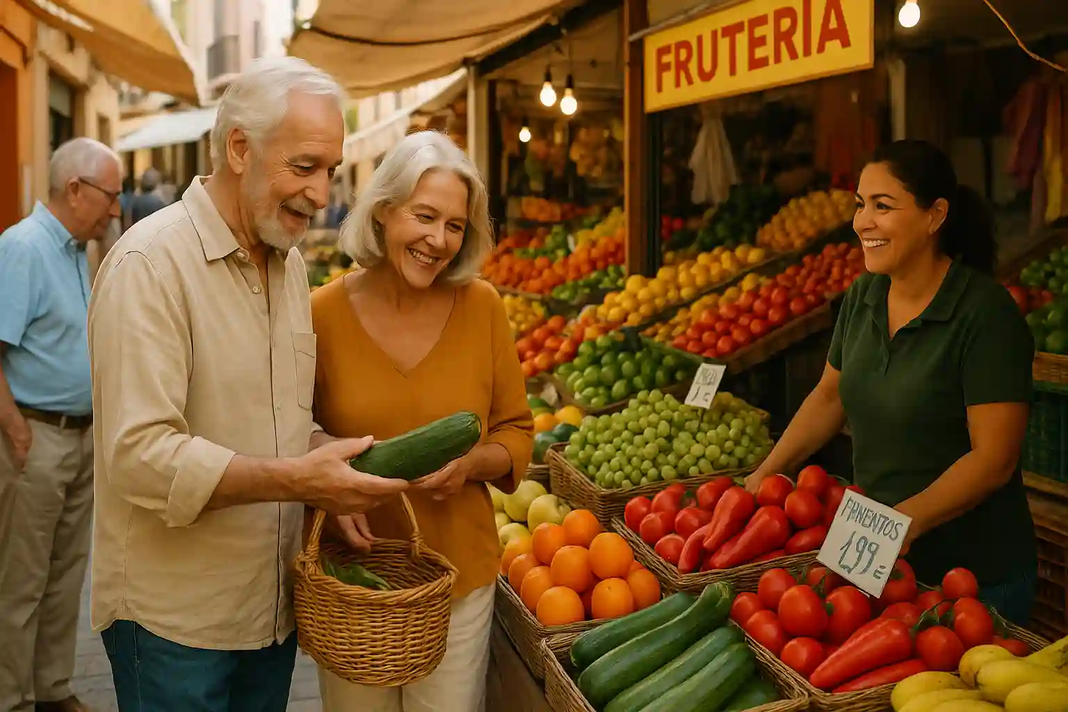 Verträge & Termine & Nachbarschaft 1 Paar auf einem spanischen Markt im Gespräch mit einer Verkäuferin – Alltagsspanisch im echten Leben