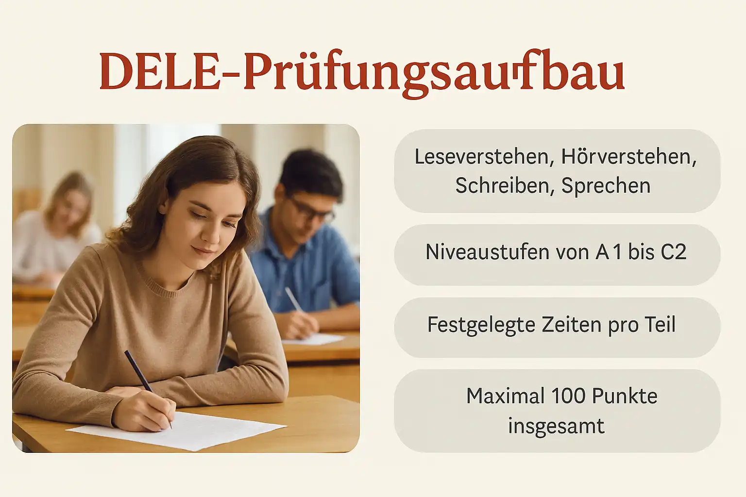 DELE Prüfungsaufbau 1 DELE-Prüfungsaufbau: offizielle Prüfung beim Instituto Cervantes, Online-Vorbereitung mit MundoDele