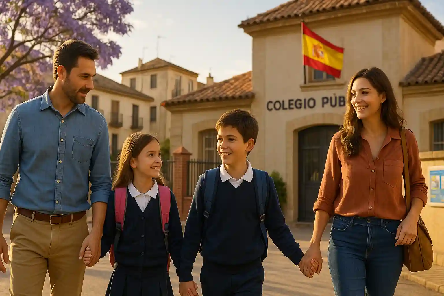 Schulkinder 1 Familie mit Schulkindern vor einer spanischen Schule – Anmeldung und Schulwahl