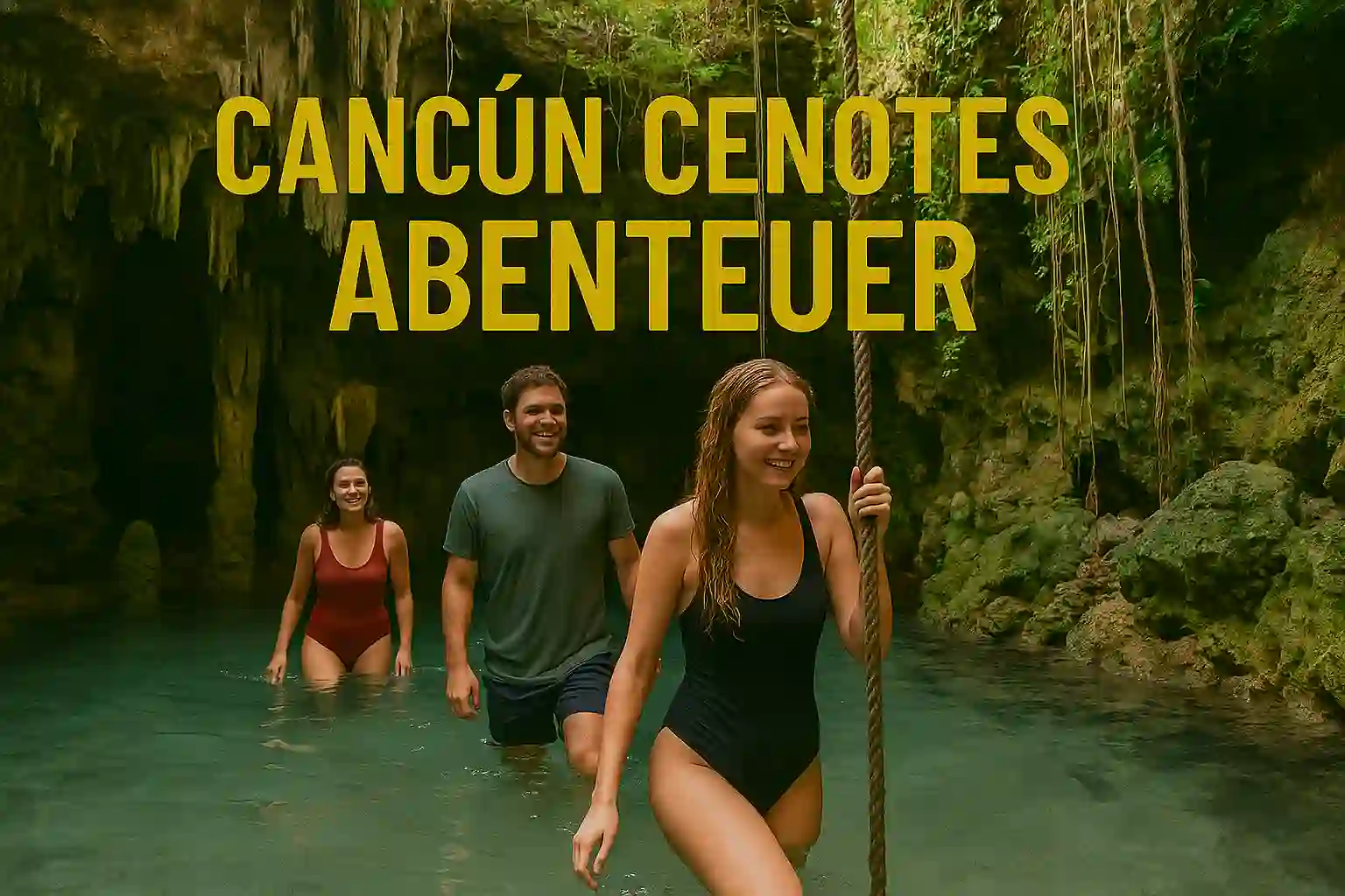 Schwimmer in einer Cenote bei Cancún, umgeben von Dschungel und blauem Wasser