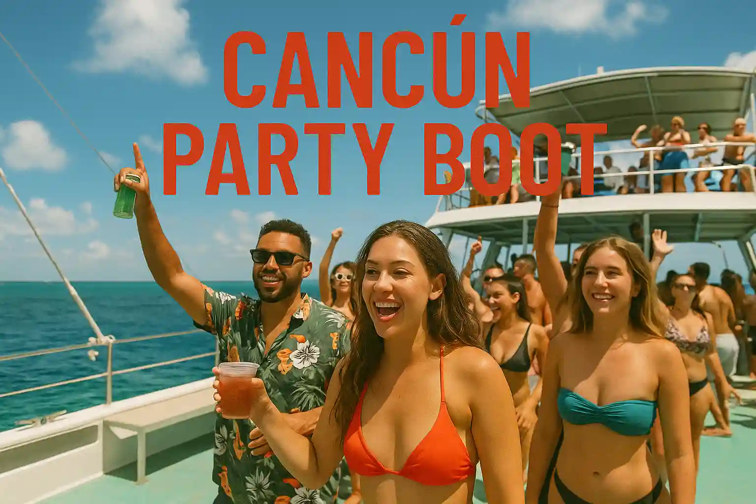 Menschen tanzen auf einem Partyboot in Cancún unter karibischer Sonne