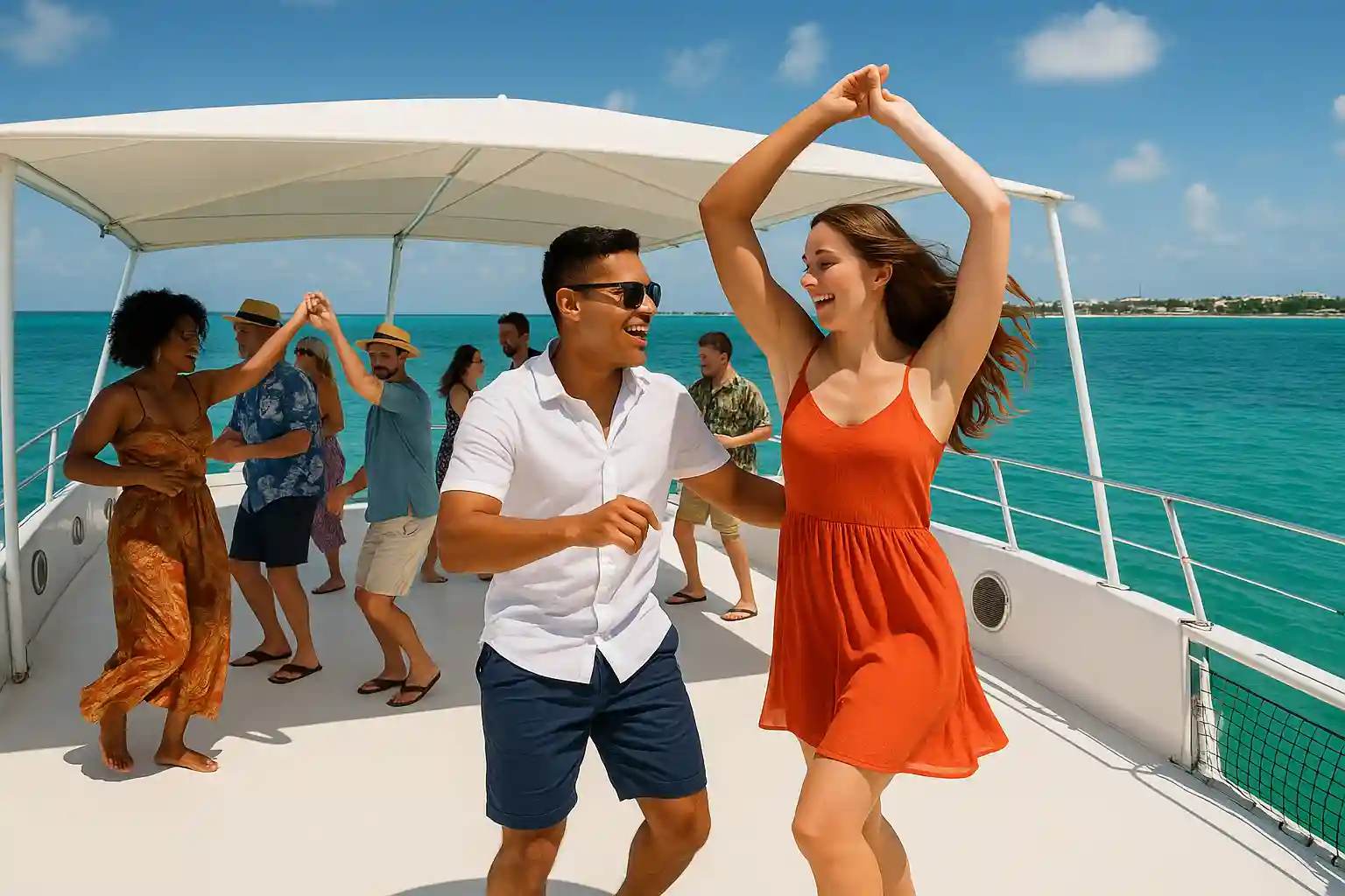 Tanzende Menschen auf einem Boot zwischen Cancún und Isla Mujeres bei Sonnenuntergang