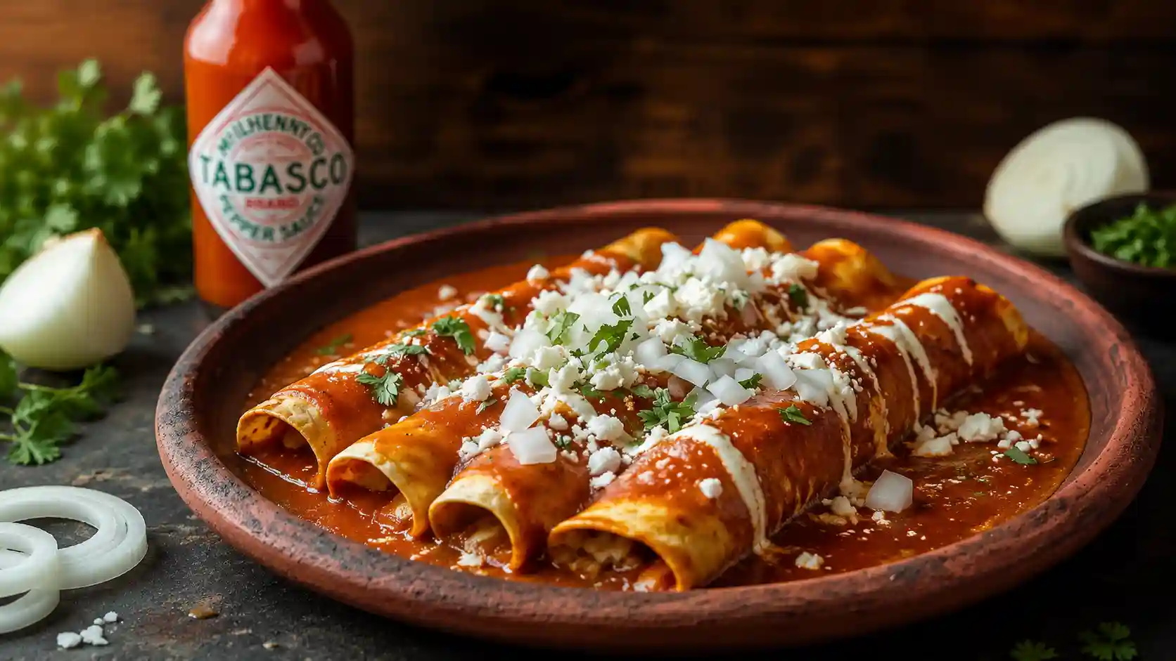 Enchiladas aus Mexiko mit Soße, Füllung, Crema, Käse und frischen Toppings