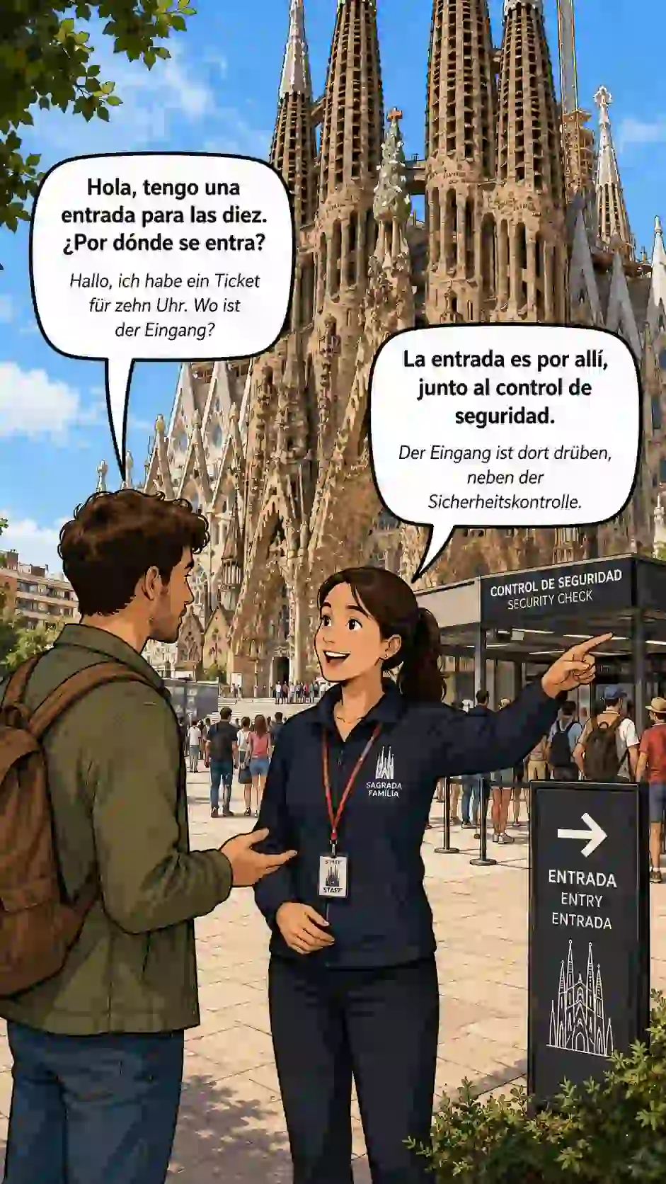 Spanischer Dialog beim Eintritt zur Sagrada Família