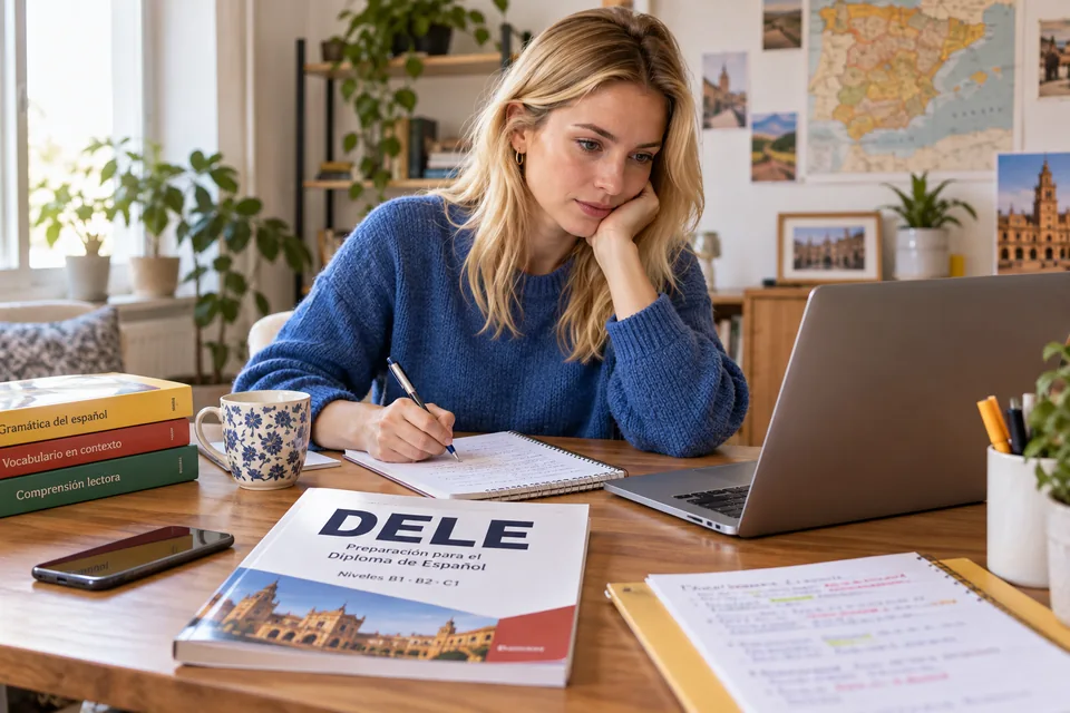 Blonde Frau mit blauem Pullover bei der DELE-Prüfungsvorbereitung mit Lernunterlagen und Laptop