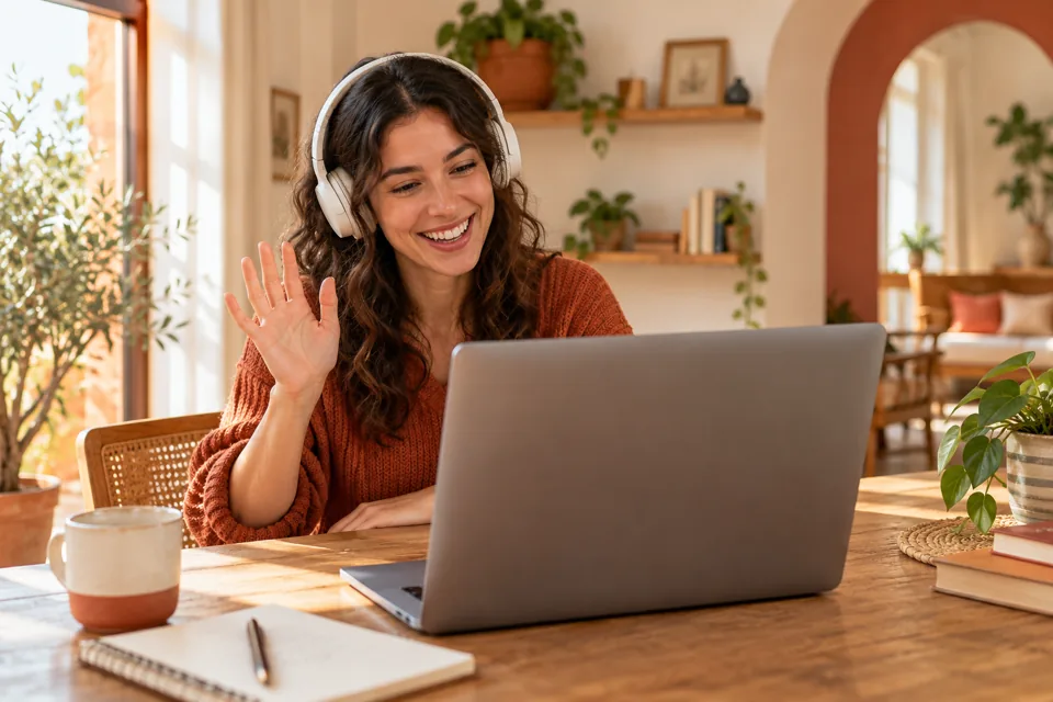 mundoDELE Spanisch, Reisen & Kultur 2 Online-Spanischunterricht mit Kopfhörern und Laptop