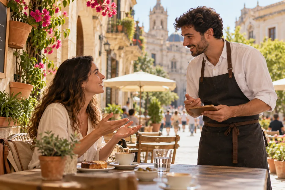 mundoDELE Spanisch, Reisen & Kultur 7 Eine Reisende im Gespräch auf einer spanischen Caféterrasse