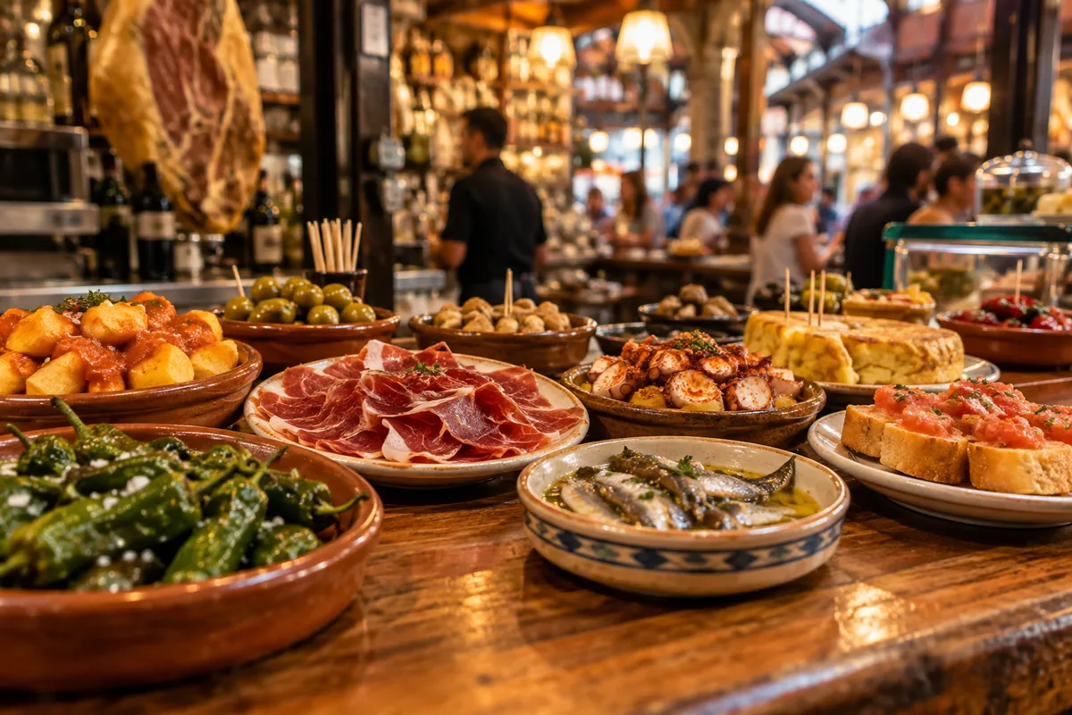 mundoDELE Spanisch, Reisen & Kultur 9 Spanische Tapas und regionale Spezialitäten an einer Markttheke