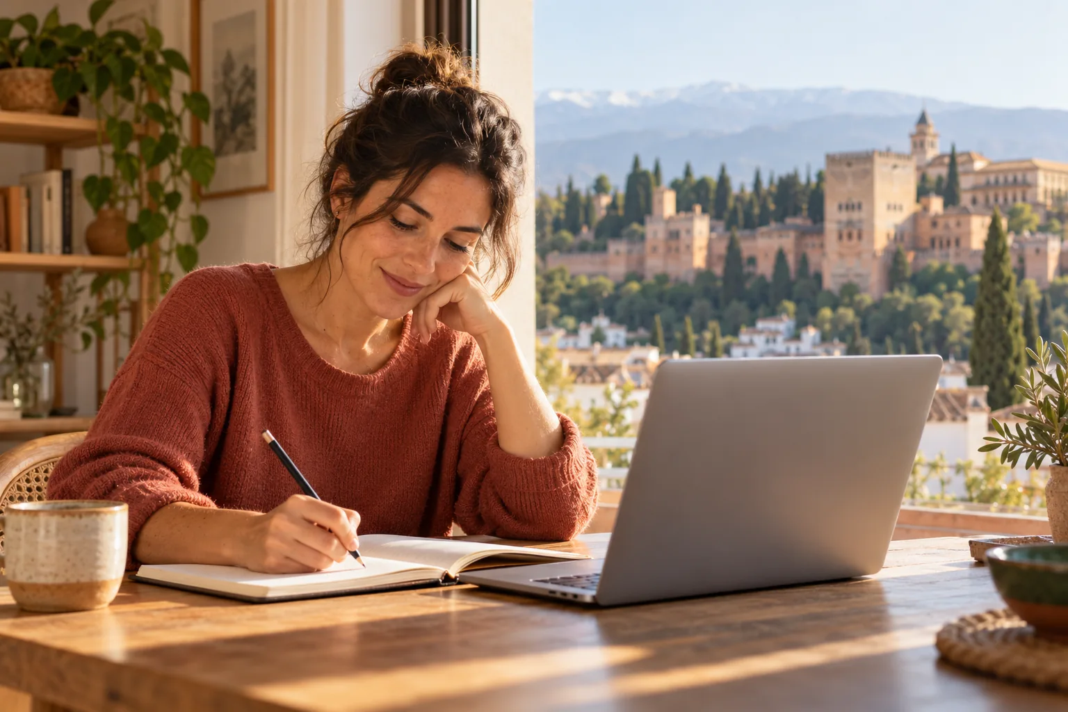 Spanisch online lernen mit Laptop und Notizbuch