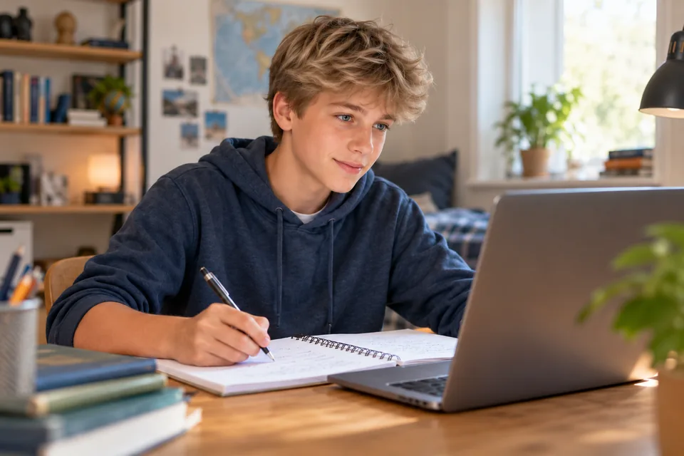 Dunkelblonder Schüler beim Spanischlernen mit Schulheft und Laptop